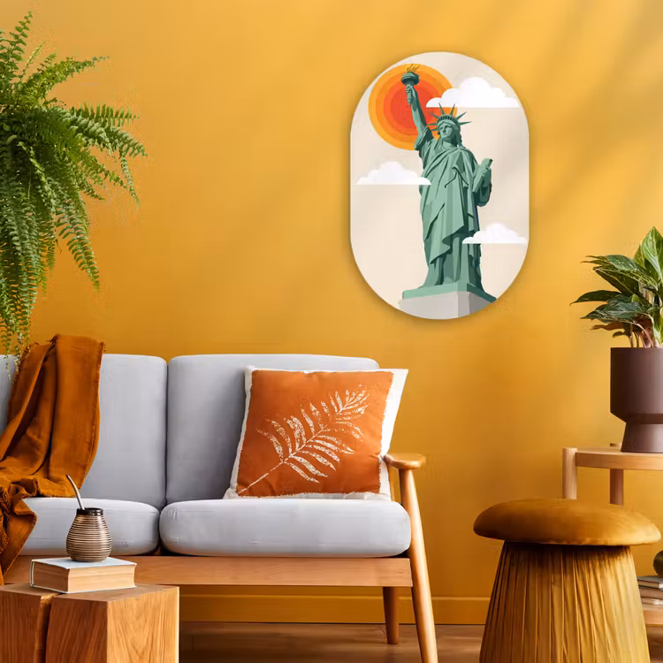 Vrijheidsbeeld - New York - Zon - Modern Wandcirkel Ovaal Forex klein -sfeer4
