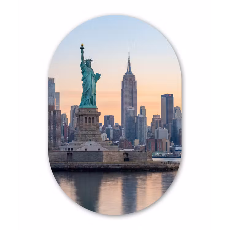 Vrijheidsbeeld - New York - Zonsopgang - Stad - Architectuur Wandcirkel Ovaal Forex klein -3d