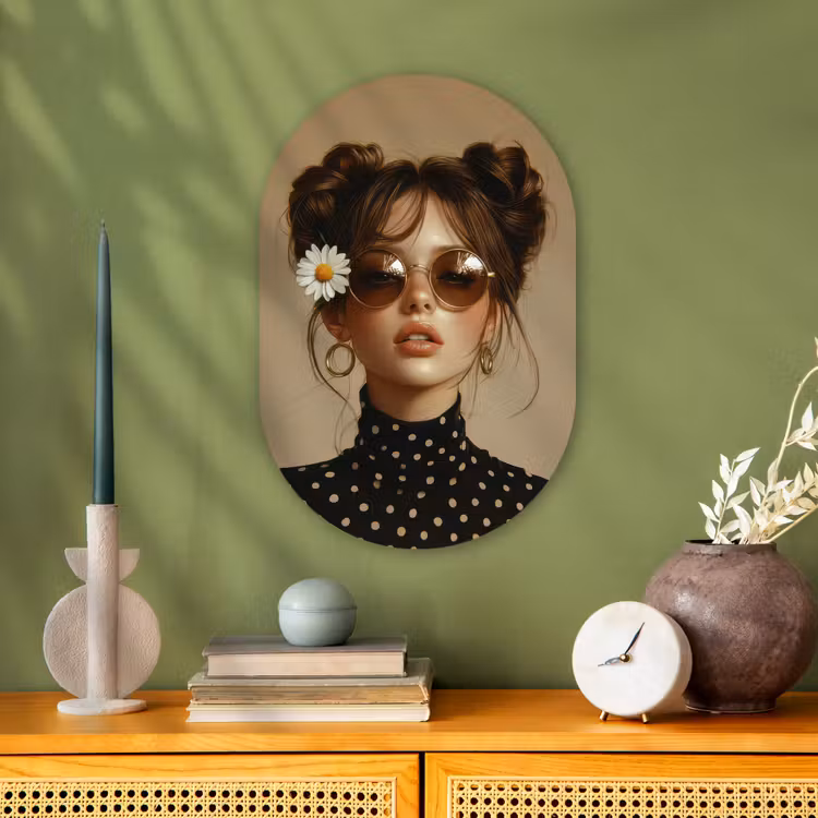 Vrouw - Beige - Bloem - Modern - Portret Wandcirkel Ovaal Forex klein -sfeer2