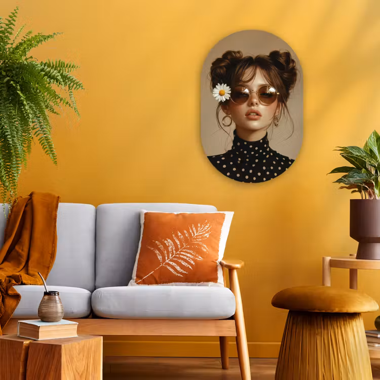 Vrouw - Beige - Bloem - Modern - Portret Wandcirkel Ovaal Forex klein -sfeer4