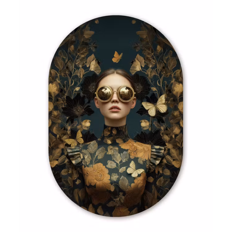 Vrouw - Bladeren - Goud - Vlinders Wandcirkel Ovaal Forex klein -3d