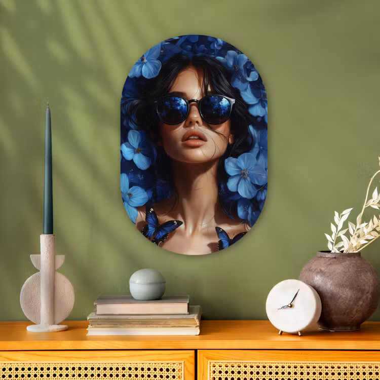 Vrouw - Blauw - Bloemen - Vlinders - Natuur Wandcirkel Ovaal Forex klein -sfeer2