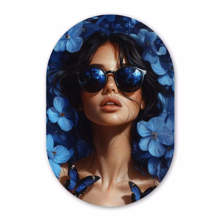 Vrouw - Blauw - Bloemen - Vlinders - Natuur Wandcirkel Ovaal Forex klein -3d