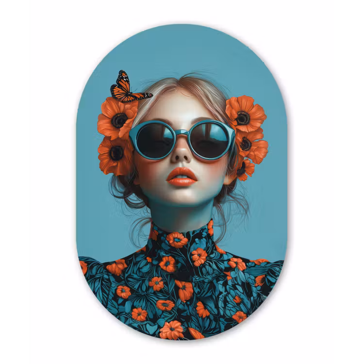Vrouw - Blauw - Vlinder - Bloemen - Aesthetic Wandcirkel Ovaal Forex klein -3d