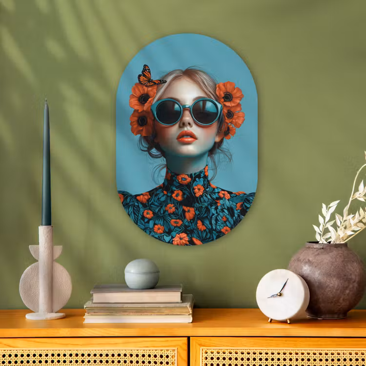 Vrouw - Blauw - Vlinder - Bloemen - Aesthetic Wandcirkel Ovaal Forex klein -sfeer2