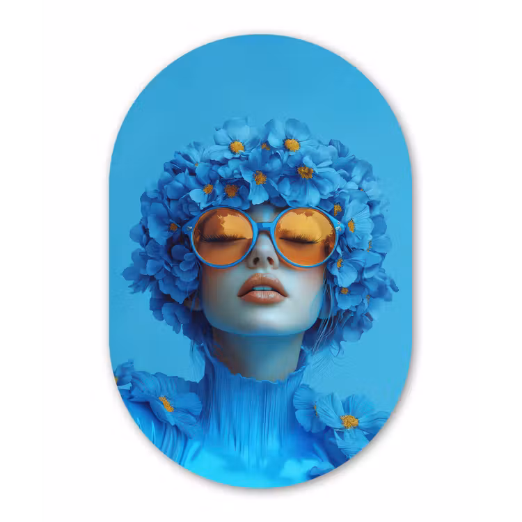 Vrouw - Bloem - Blauw - Modern - Bril - Portret Wandcirkel Ovaal Forex klein -3d