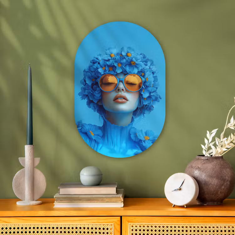 Vrouw - Bloem - Blauw - Modern - Bril - Portret Wandcirkel Ovaal Forex klein -sfeer2