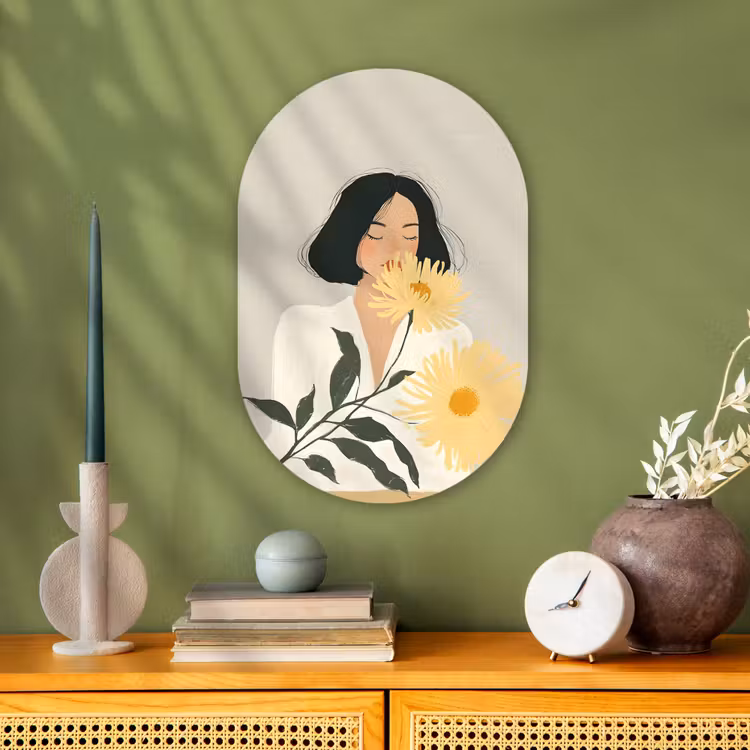 Vrouw - Bloem - Geel - Minimalistisch Wandcirkel Ovaal Forex klein -sfeer2
