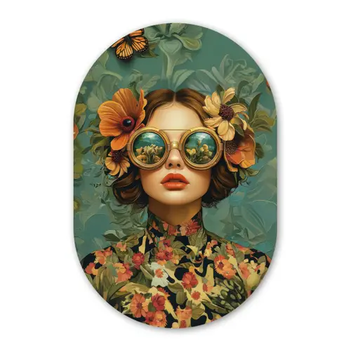 Vrouw - Bloemen - Vlinders - Natuur - Vintage Wandcirkel Ovaal Forex klein -3d