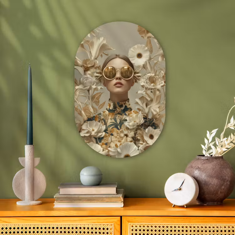 Vrouw - Bloemen - Zonnebril - Wit Wandcirkel Ovaal Forex klein -sfeer2