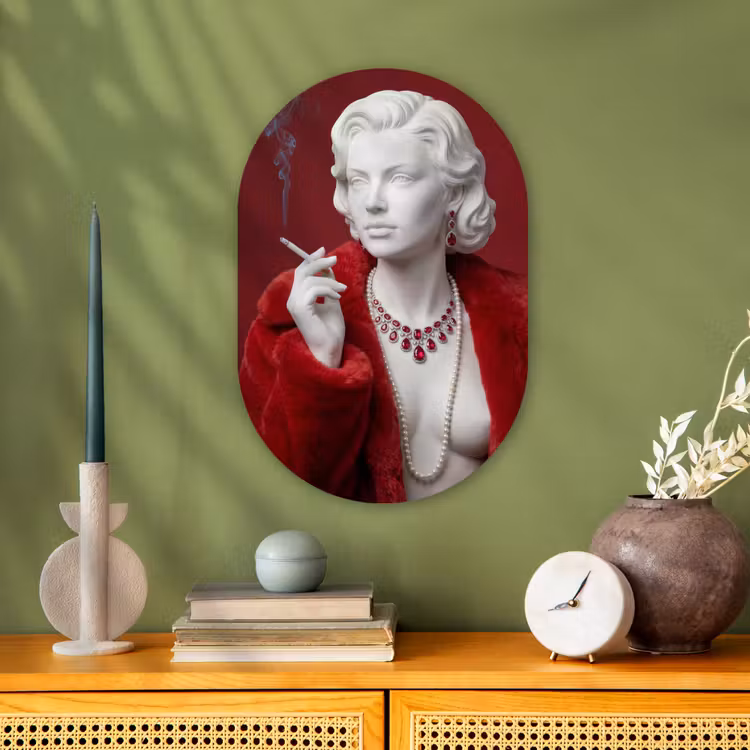 Vrouw - Bontjas - Mode - Klassiek - Rood Wandcirkel Ovaal Forex klein -sfeer2