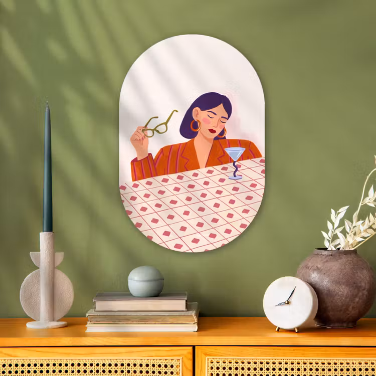 Vrouw - Bril - Cocktail - Illustratie - Modern Wandcirkel Ovaal Forex klein -sfeer2