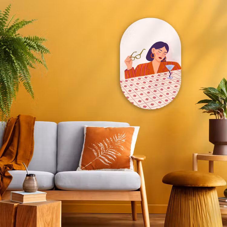 Vrouw - Bril - Cocktail - Illustratie - Modern Wandcirkel Ovaal Forex klein -sfeer4