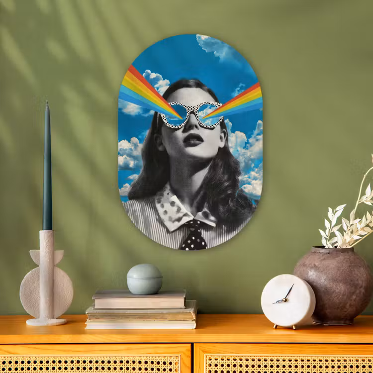 Vrouw - Bril - Regenboog - Wolken Wandcirkel Ovaal Forex klein -sfeer2