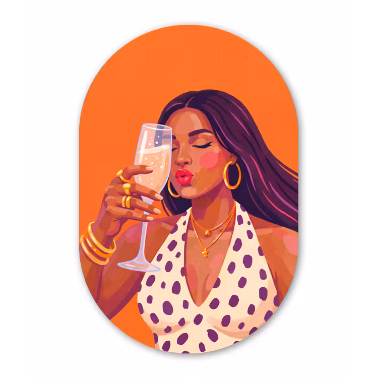 Vrouw - Champagne - Feest - Modern - Oranje Wandcirkel Ovaal Forex klein -3d