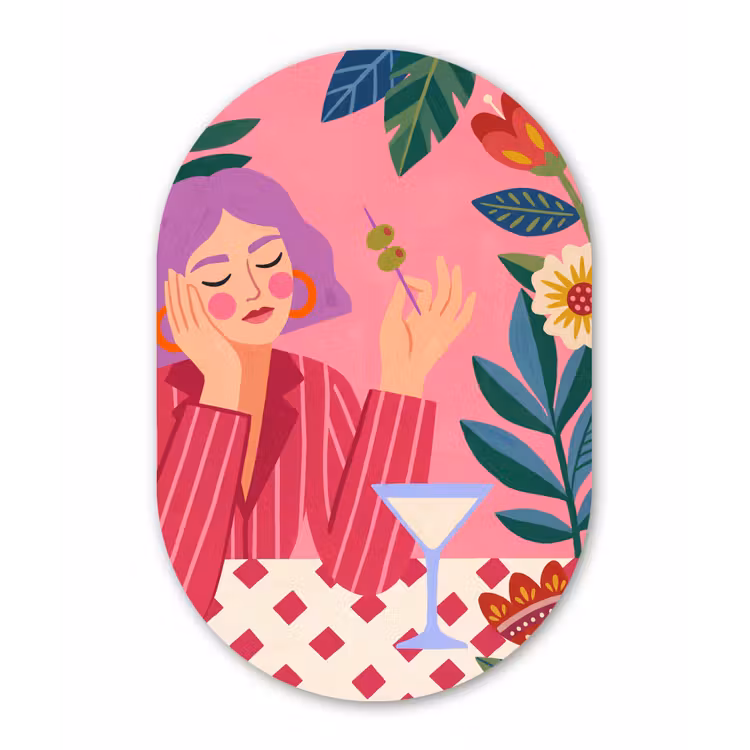 Vrouw - Cocktail - Bloemen - Modern - Roze Wandcirkel Ovaal Forex klein -3d