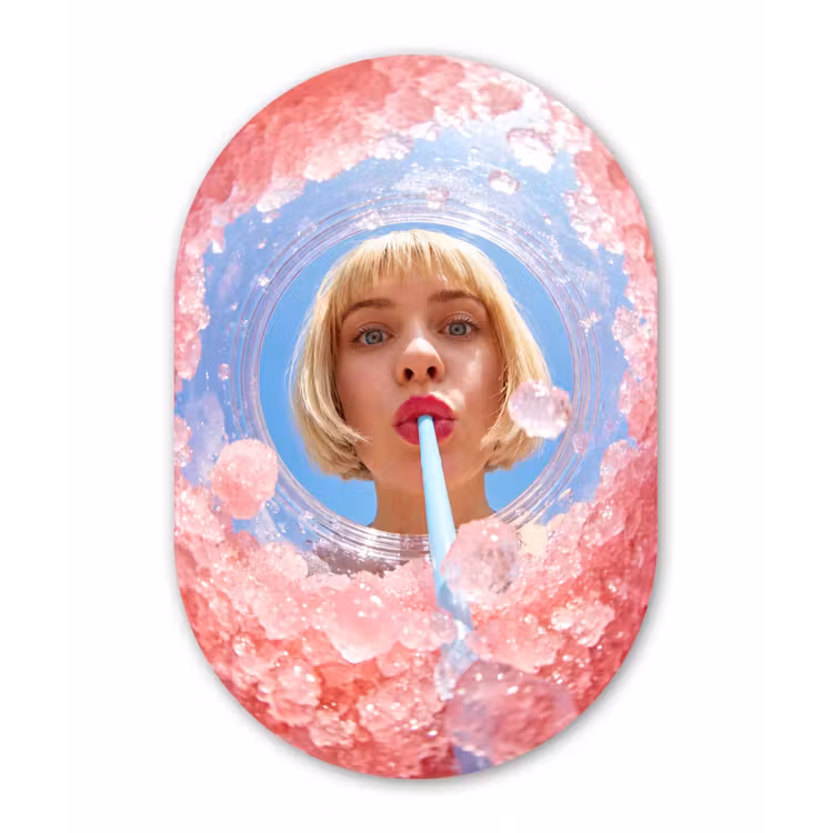 Vrouw - Drank - Zomer - Roze - Blauw Wandcirkel Ovaal Forex klein -3d
