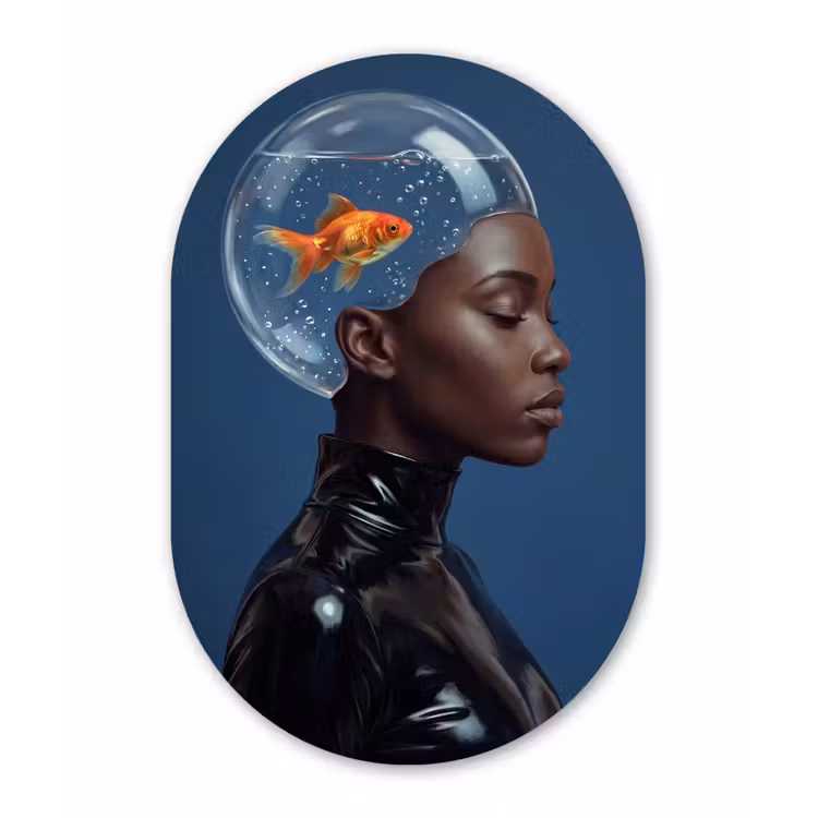 Vrouw - Goudvis - Hoofd - Abstract - Blauw Wandcirkel Ovaal Forex klein -3d