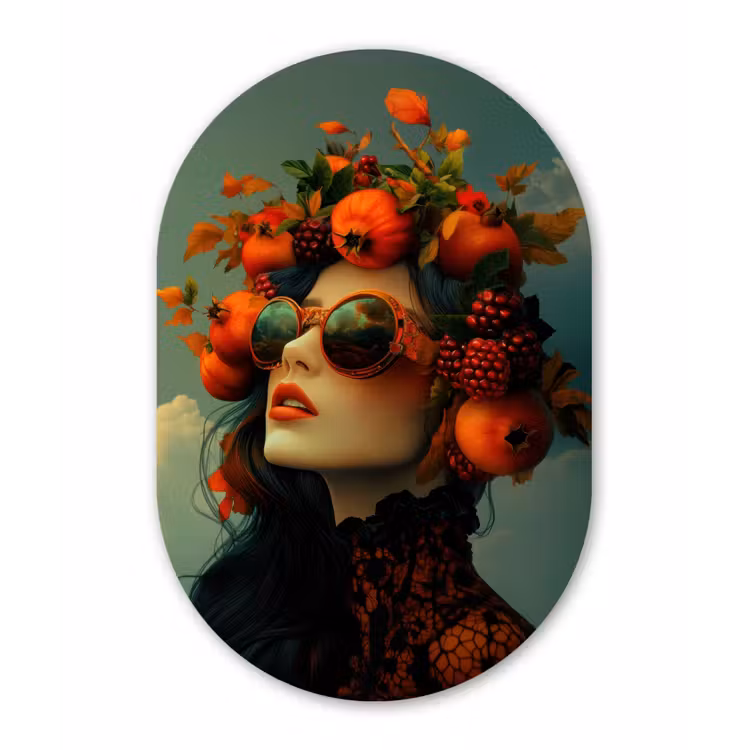 Vrouw - Granaatappel - Herfst - Zonnebril Wandcirkel Ovaal Forex klein -3d