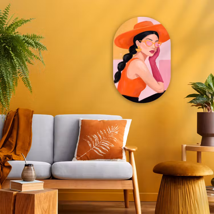 Vrouw - Hoed - Mode - Modern - Oranje Wandcirkel Ovaal Forex klein -sfeer4