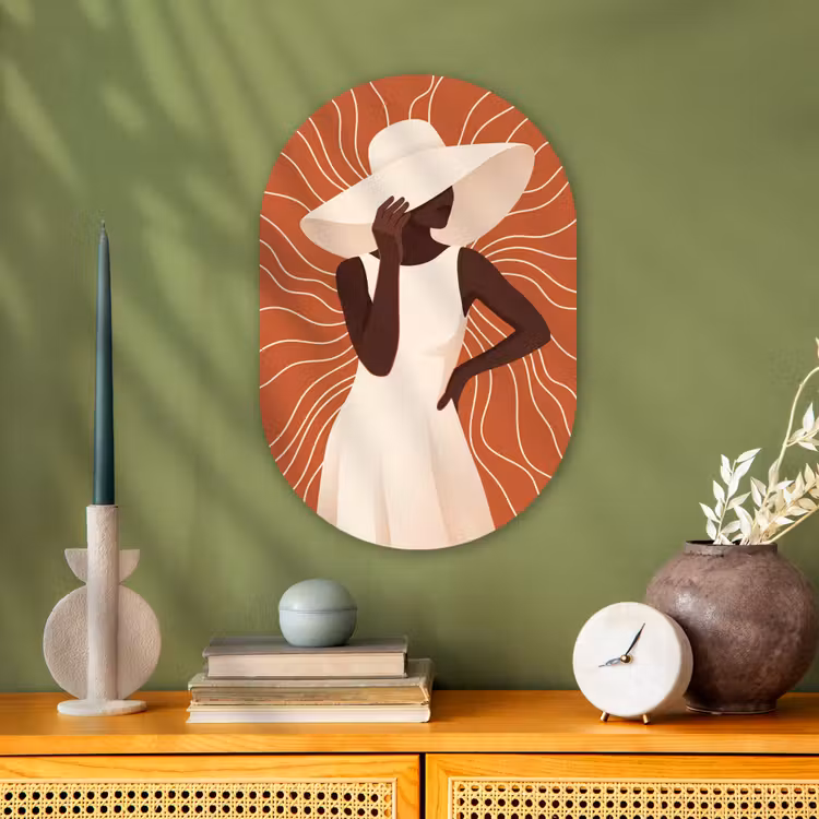 Vrouw - Hoed - Portret - Modern - Beige Wandcirkel Ovaal Forex klein -sfeer2