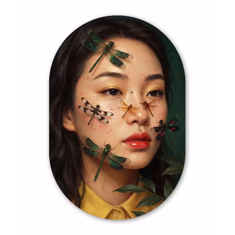 Vrouw - Insecten - Natuur - Portret - Groen Wandcirkel Ovaal Forex klein -3d