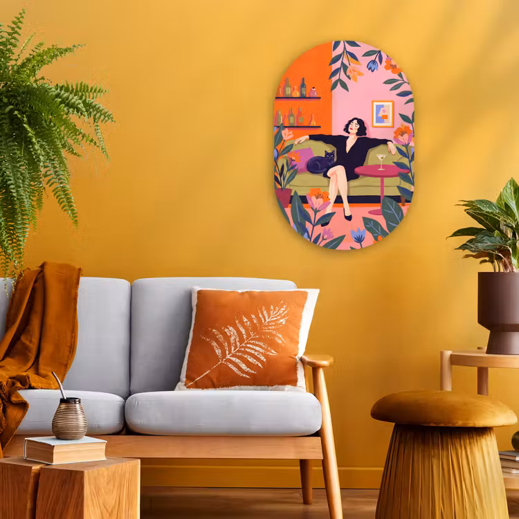 Vrouw - Kat - Interieur - Modern - Kleurrijk Wandcirkel Ovaal Forex klein -sfeer4