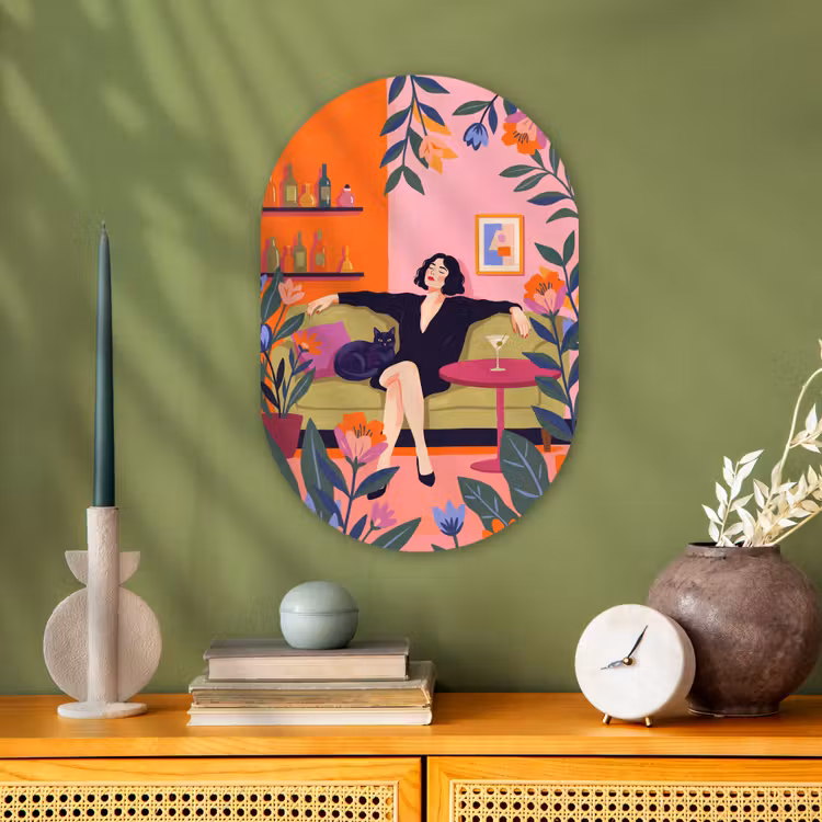 Vrouw - Kat - Interieur - Modern - Kleurrijk Wandcirkel Ovaal Forex klein -sfeer2