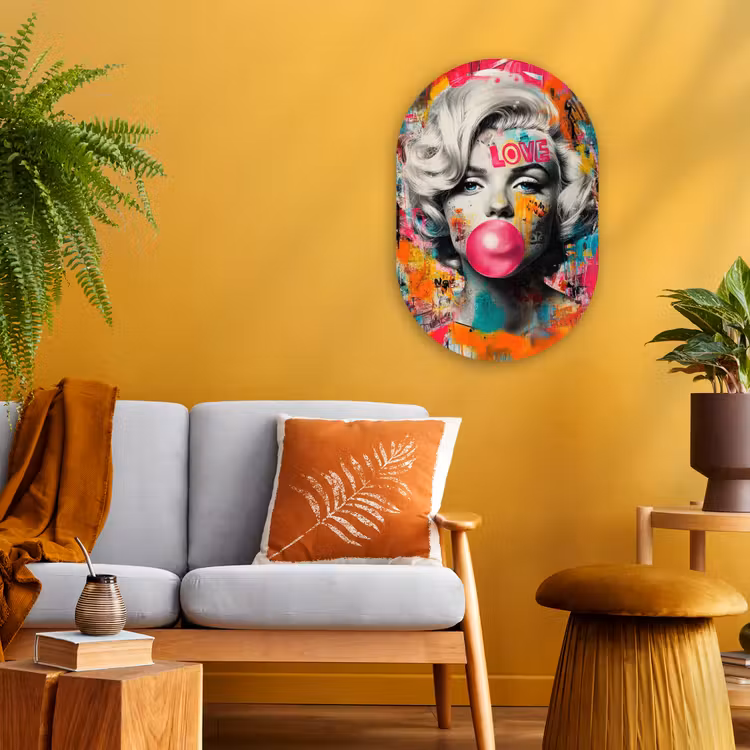 Vrouw - Kauwgom - Graffiti - Neonkleuren Wandcirkel Ovaal Forex klein -sfeer4