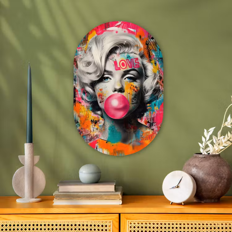Vrouw - Kauwgom - Graffiti - Neonkleuren Wandcirkel Ovaal Forex klein -sfeer2