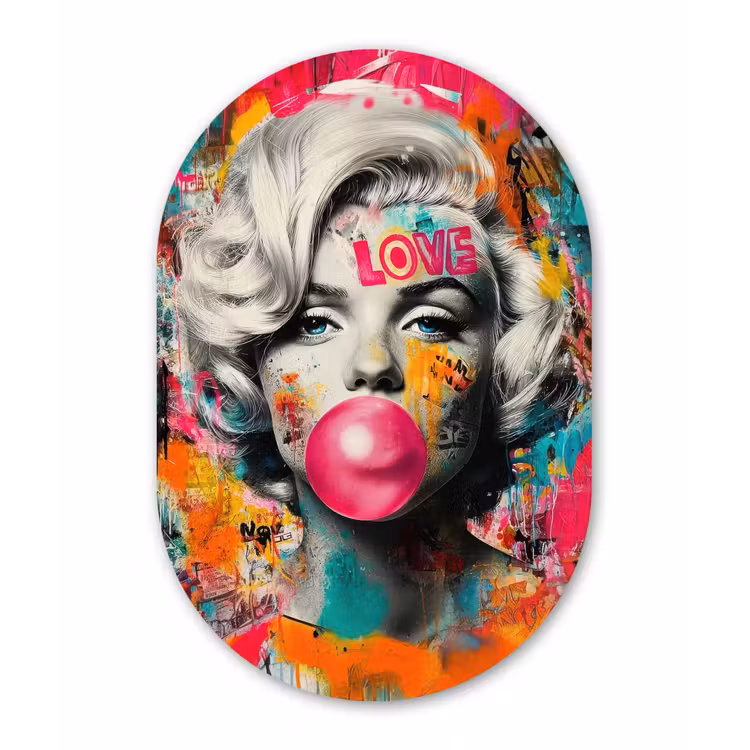 Vrouw - Kauwgom - Graffiti - Neonkleuren Wandcirkel Ovaal Forex klein -3d