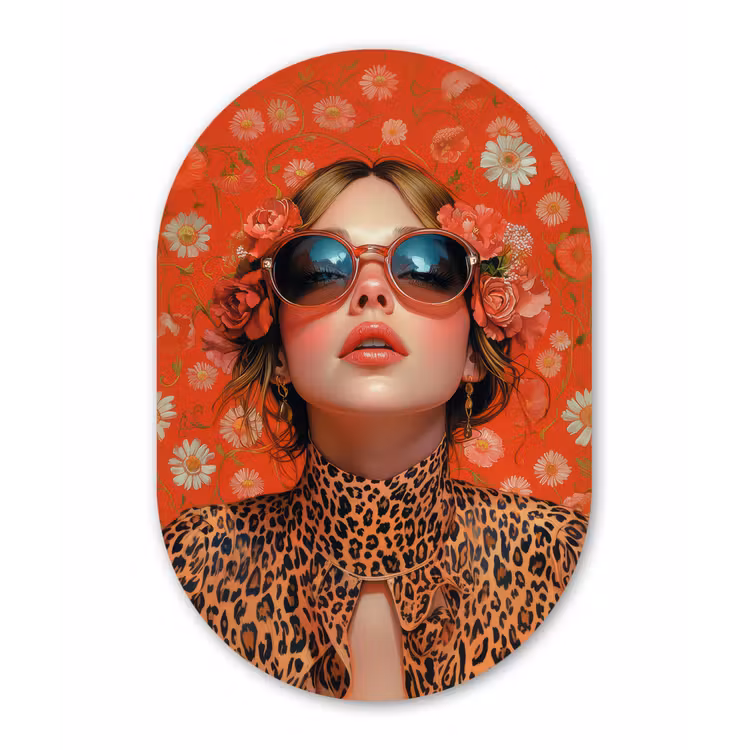 Vrouw - Kleurrijk - Dierenprint - Bloemen Wandcirkel Ovaal Forex klein -3d
