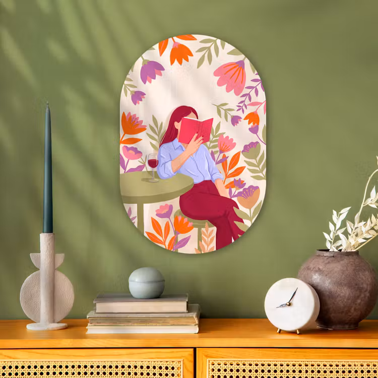 Vrouw - Lezen - Thuis - Modern - Bloemen Wandcirkel Ovaal Forex klein -sfeer2