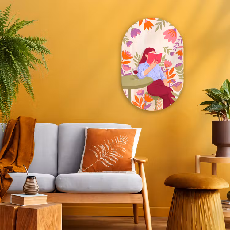 Vrouw - Lezen - Thuis - Modern - Bloemen Wandcirkel Ovaal Forex klein -sfeer4