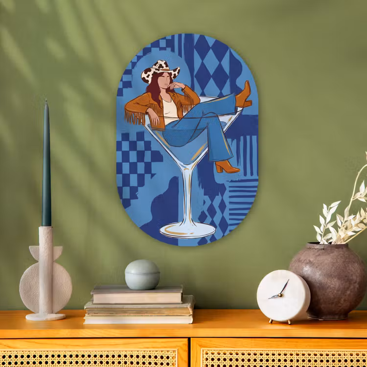 Vrouw - Martini glas - Abstract - Blauw - Kunst Wandcirkel Ovaal Forex klein -sfeer2