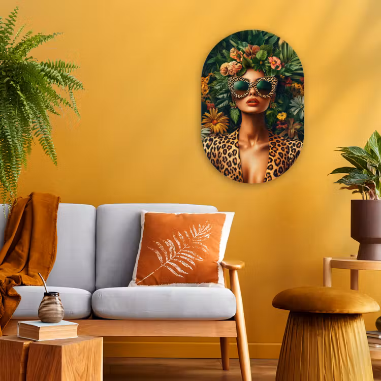 Vrouw - Panterprint - Jungle - Natuur - Luxe Wandcirkel Ovaal Forex klein -sfeer4