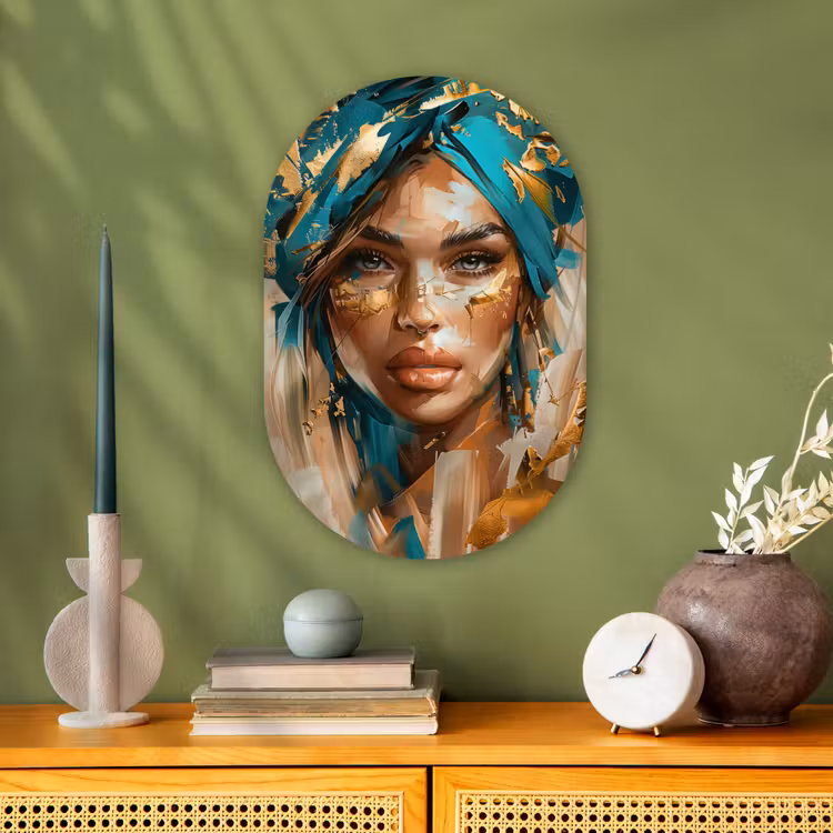 Vrouw - Portret - Goud - Luxe - Blauw Wandcirkel Ovaal Forex klein -sfeer2