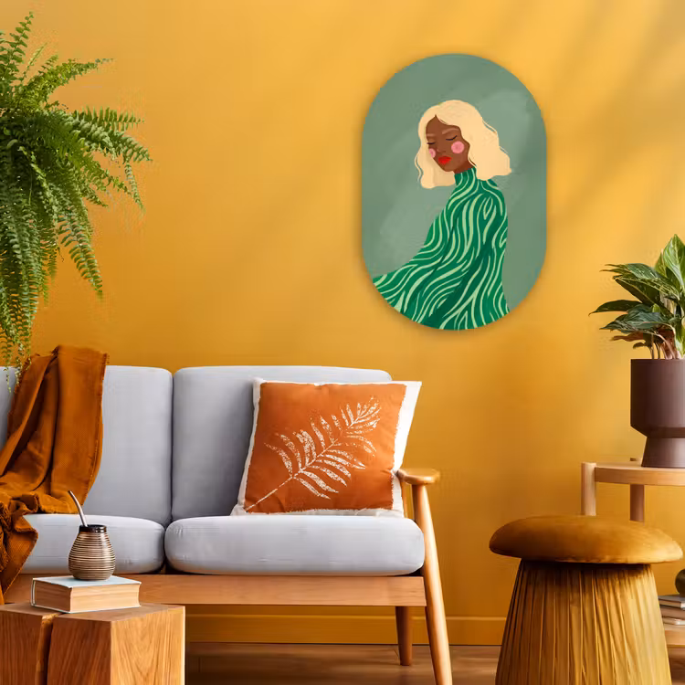 Vrouw - Portret - Illustratie - Modern - Groen Wandcirkel Ovaal Forex klein -sfeer4