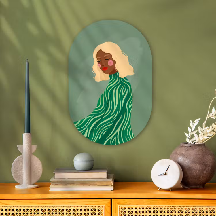 Vrouw - Portret - Illustratie - Modern - Groen Wandcirkel Ovaal Forex klein -sfeer2