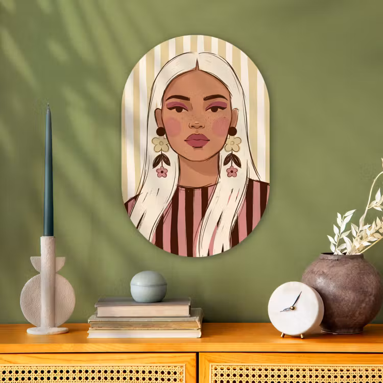 Vrouw - Portret - Illustratie - Modern - Roze Wandcirkel Ovaal Forex klein -sfeer2