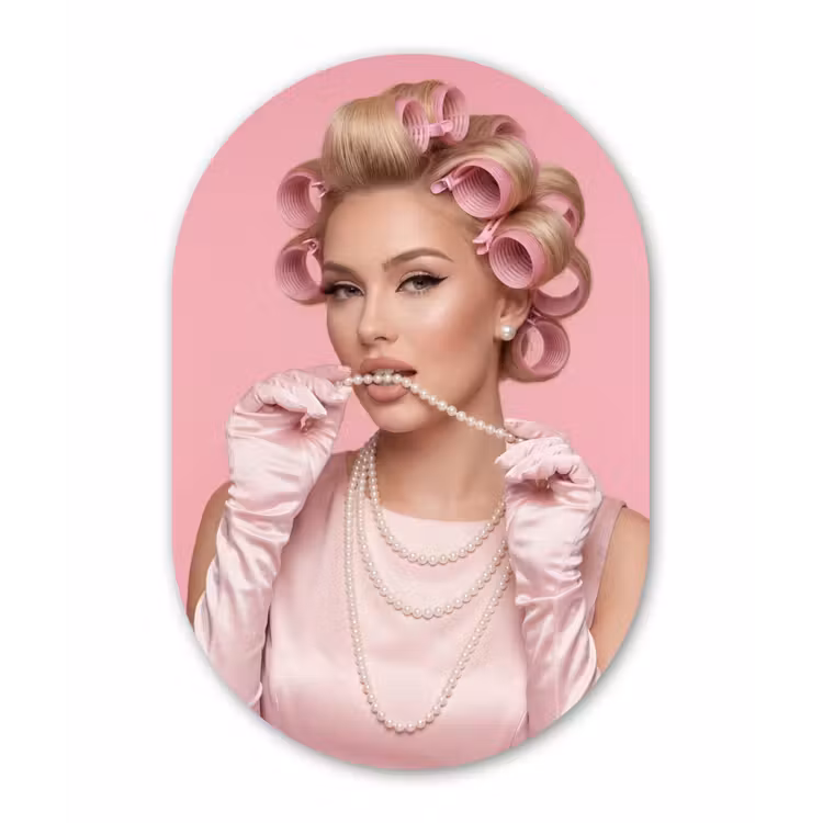 Vrouw - Roze - Parelketting - Krulspelden Wandcirkel Ovaal Forex klein -3d