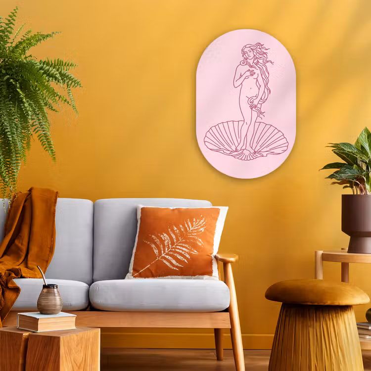 Vrouw - Schelp - Kunst - Lijntekening - Roze Wandcirkel Ovaal Forex klein -sfeer4