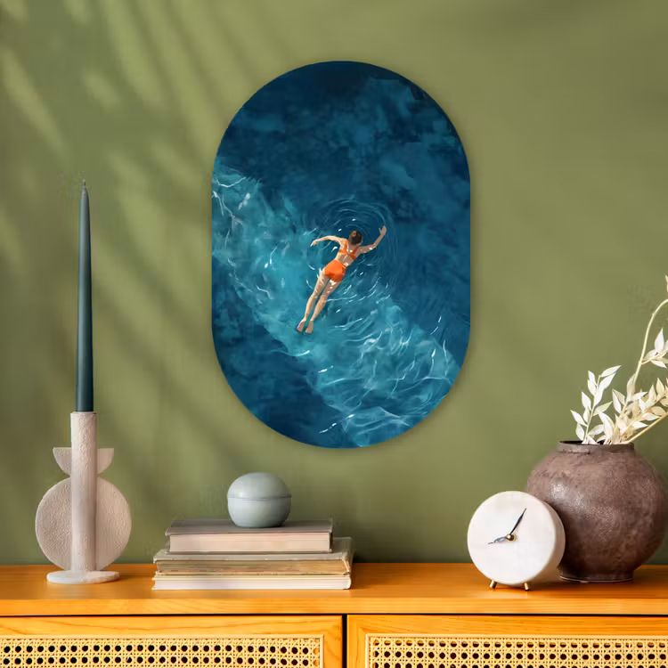 Vrouw - Water - Bikini - Oranje Wandcirkel Ovaal Forex klein -sfeer2