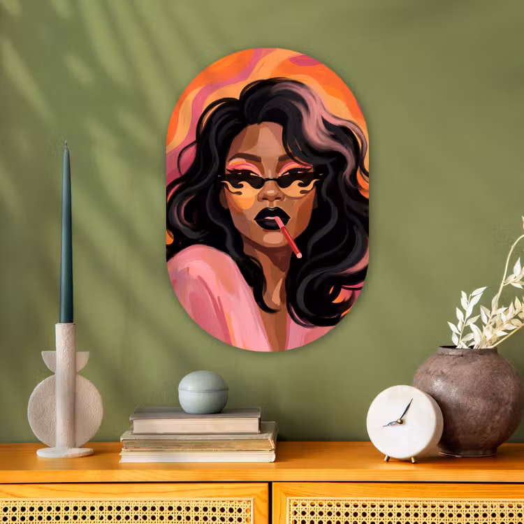 Vrouw - Zonnebril - Modern - Portret - Oranje Wandcirkel Ovaal Forex klein -sfeer2