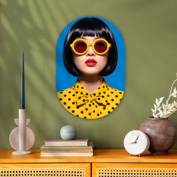 Vrouw - Zonnebril - Pop Art - Portret - Geel Wandcirkel Ovaal Forex klein -sfeer2