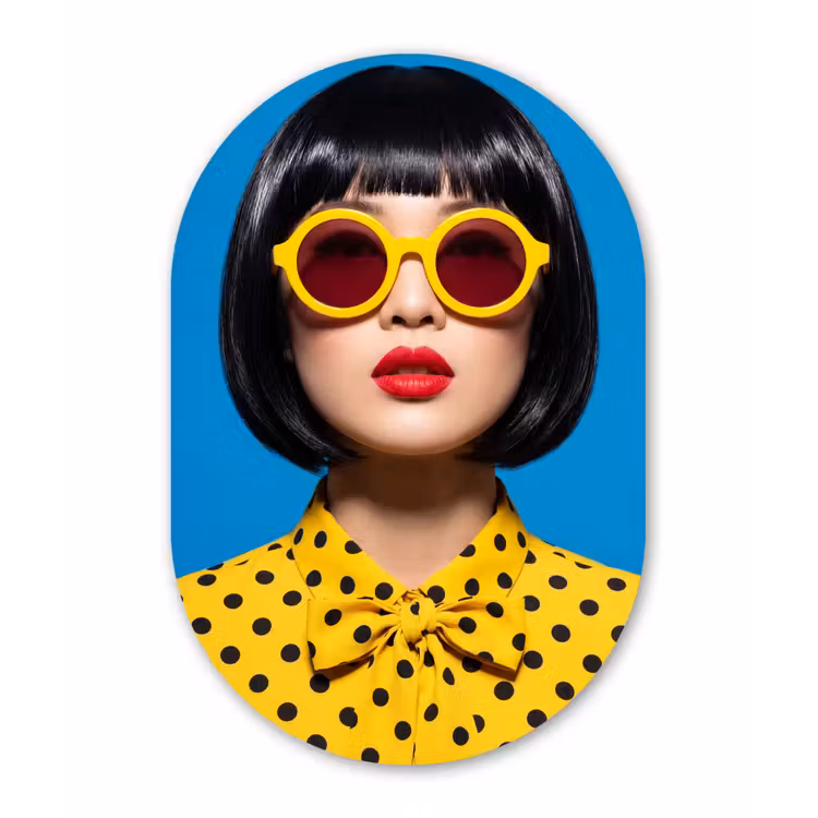 Vrouw - Zonnebril - Pop Art - Portret - Geel Wandcirkel Ovaal Forex klein -3d