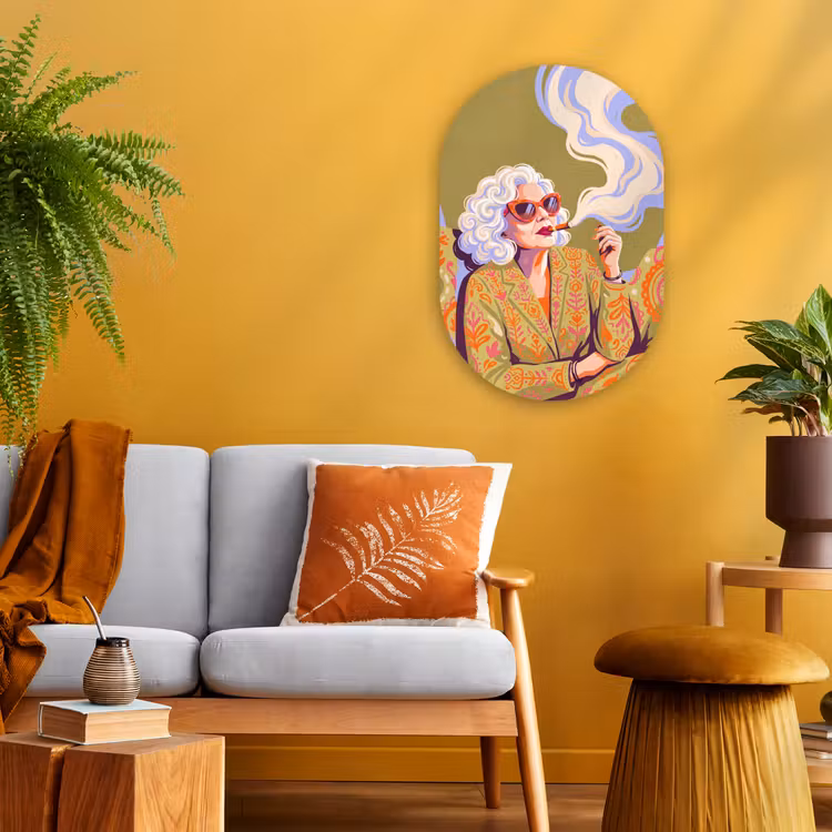 Vrouw - Zonnebril - Portret - Modern - Kleurrijk Wandcirkel Ovaal Forex klein -sfeer4