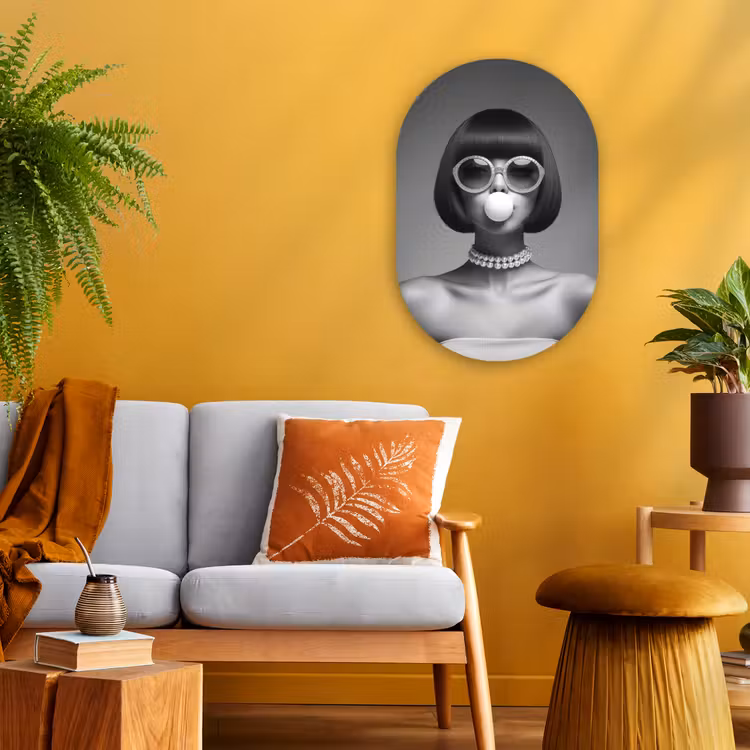 Vrouw - Zwart Wit - Ketting - Zonnebril Wandcirkel Ovaal Forex klein -sfeer4
