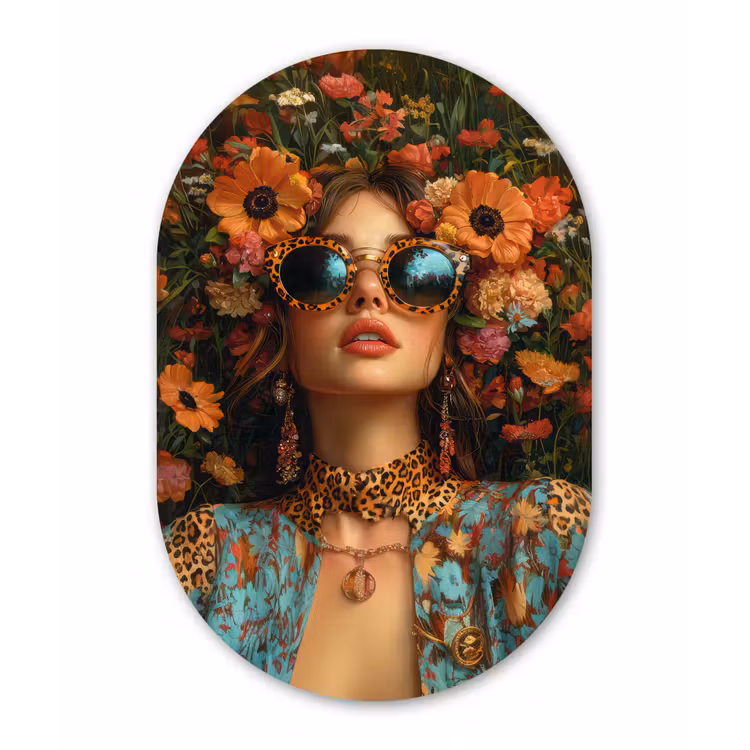 Vrouwen - Bloemen - Modern - Bril - Abstract Wandcirkel Ovaal Forex klein -3d