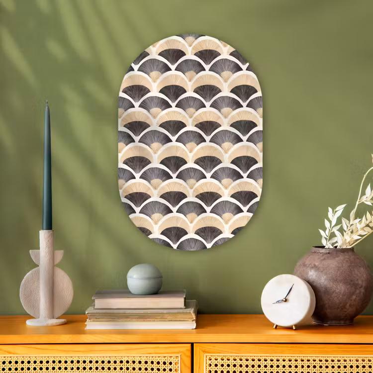 Waaier - Patroon - Zwart - Beige Wandcirkel Ovaal Forex klein 630 -sfeer2